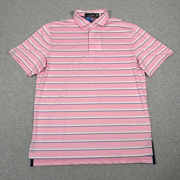 RLX Ralph Lauren Golf Polo Shirt Mens Medium Striped Pink White Wicking NEW NWT - Picture 2 of 7
